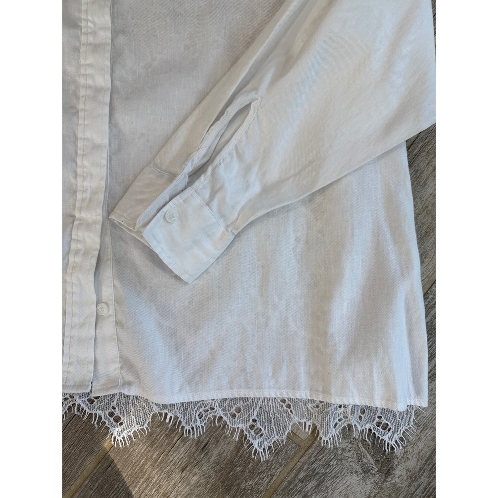 H&M Button Down Shirt Womens L White Excellent Lace Back Eyelash Trim Oversized - Picture 2 of 9